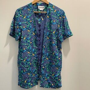 Joan Leslie Vintage Fish Print Layered Look Blouse Blue Green Short Sleeve Sz 10